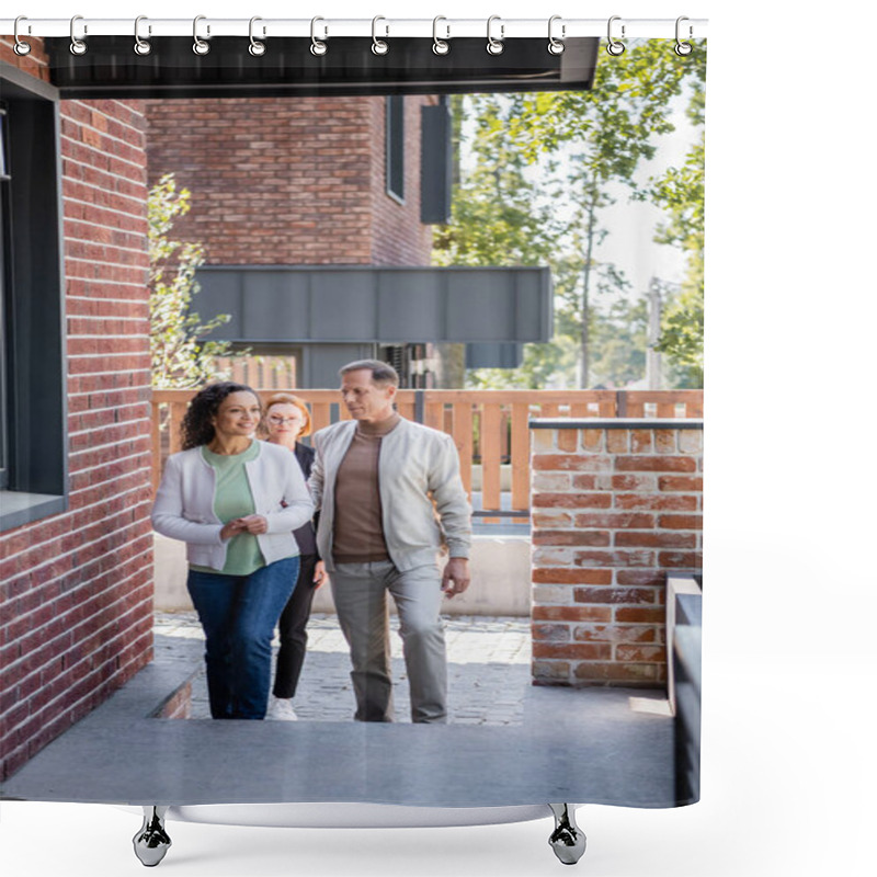 Personality  Cheerful African American Woman Walking Near Husband And Realtor Outside  Shower Curtains