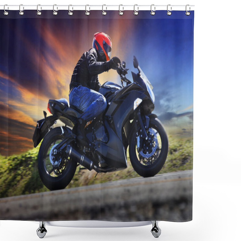 Personality  Young Man Riding Motorcycle On Curve Of Asphalt Country Road Aga Shower Curtains