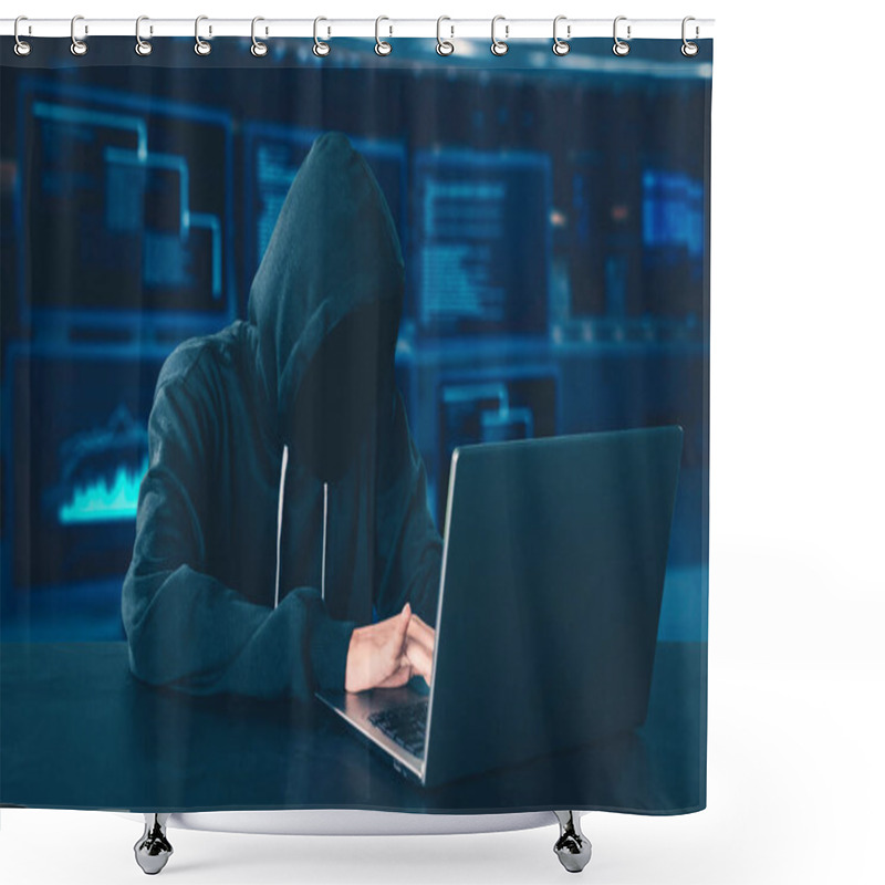 Personality  Hooded Unknown Hacker Using Laptop Computer With Coding Background Shower Curtains