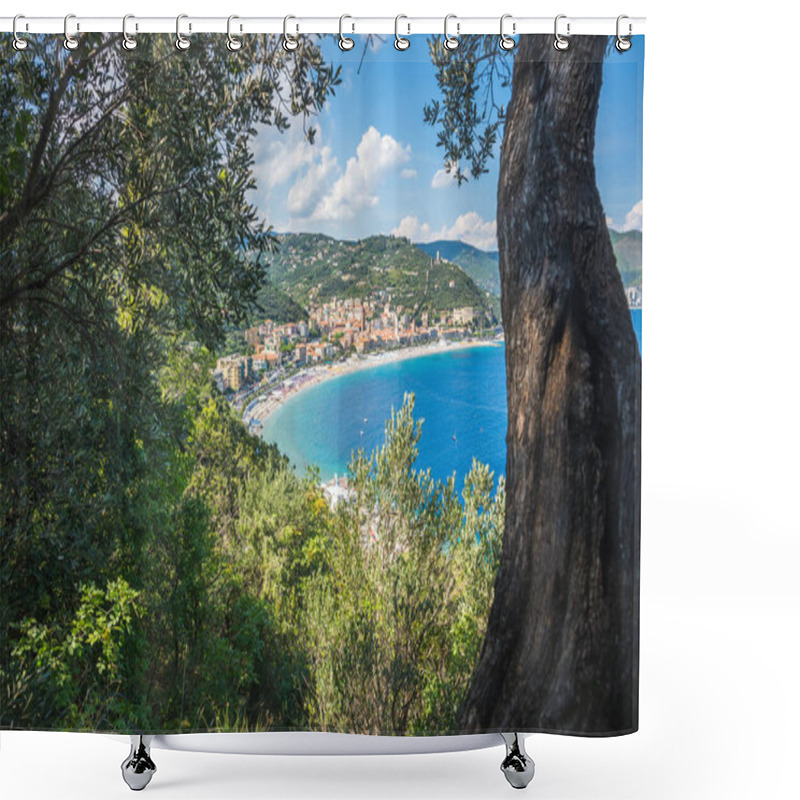 Personality  Noli, In A Very Sunny Day, Its Towers And A Very Blue Sea, Ligury, Italy Shower Curtains