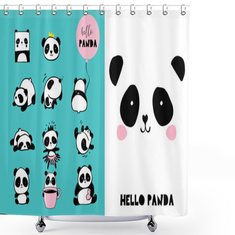 Personality  Cute Panda Bear Illustrations, Collection Of Vector Hand Drawn Elements, Black And White Icons Shower Curtains