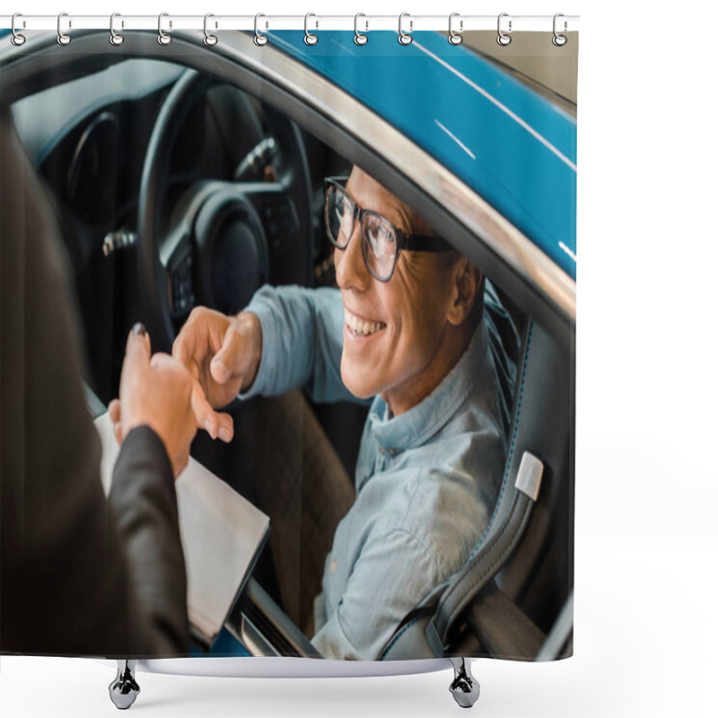 Personality  Cropped Shot Of Female Car Dealer Passing Car Dealership Contract To Smiling Adult Man In Showroom Shower Curtains