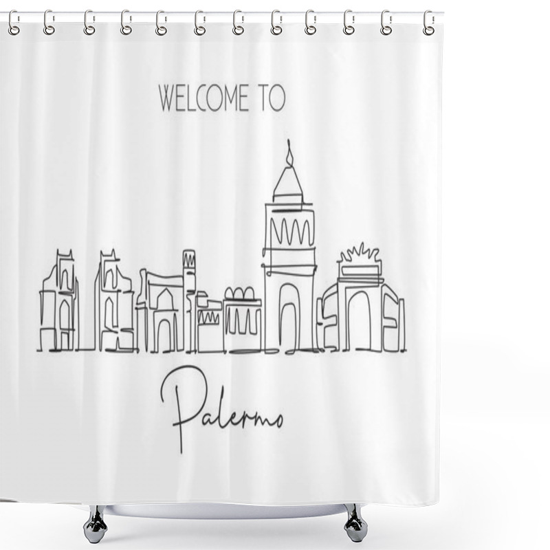 Personality  One Continuous Line Drawing Palermo City Skyline, Italy. Beautiful Skyscraper. World Landscape Tourism Travel Vacation Wall Decor Poster Concept. Stylish Single Line Draw Design Vector Illustration Shower Curtains