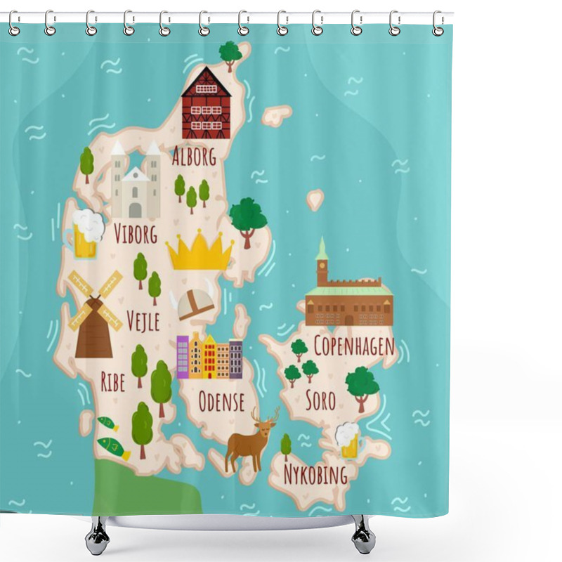 Personality  Stylized Map Of Denmark. Cartoon Map With Travel Illustration. Famous Landmarks, Buildings, Food And Plants. Funny Tourist Infographics. National Symbols. Attractions. Vector Illustration. Shower Curtains