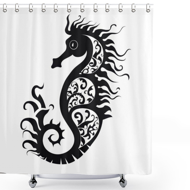 Personality  Stylized Black Sea Horse Illustration Featuring Intricate Floral Patterns And Flowing Designs. Shower Curtains