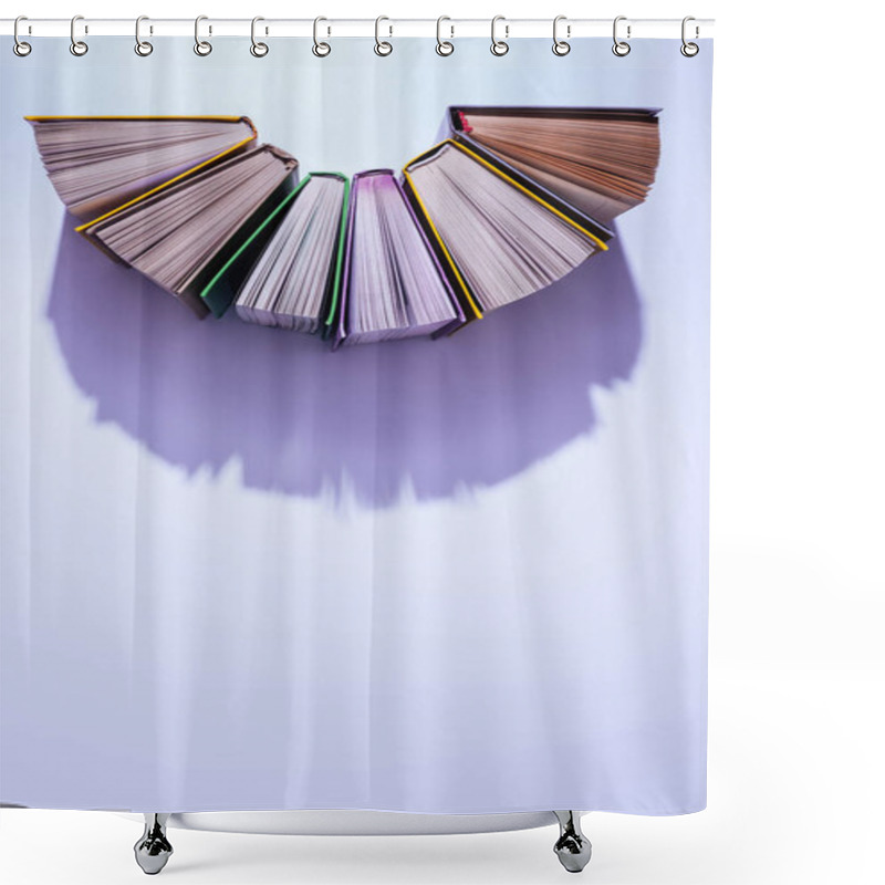 Personality  Top View Of Stack Of Books In Half Circle On Violet Table Shower Curtains