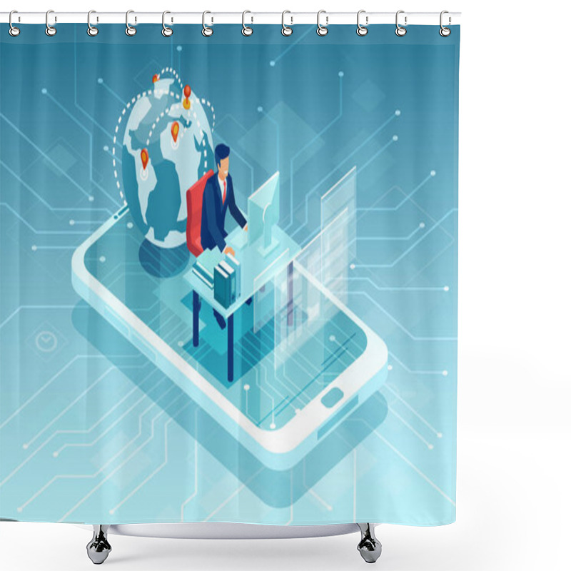 Personality  Vector Of A Businessman Working Online In A Mobile Social Media Platform Communicating With Customers Worldwide  Shower Curtains