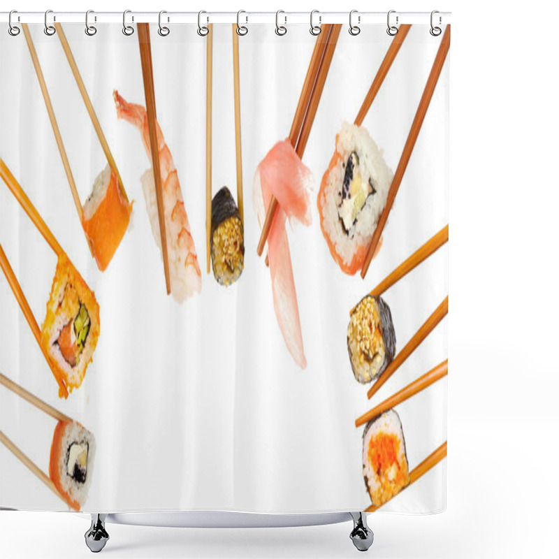 Personality  Collage Of Chopsticks With Different Food Isolated On White Shower Curtains