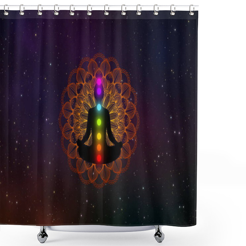 Personality  Abstract Silhouette Meditation Man With Seven Chakras  And Precious Mandala In The Galaxy. Shower Curtains