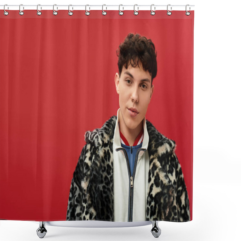 Personality  A Handsome Man Showcases A Fashionable Leopard Print Coat, Standing Against A Bold Red Backdrop. Shower Curtains