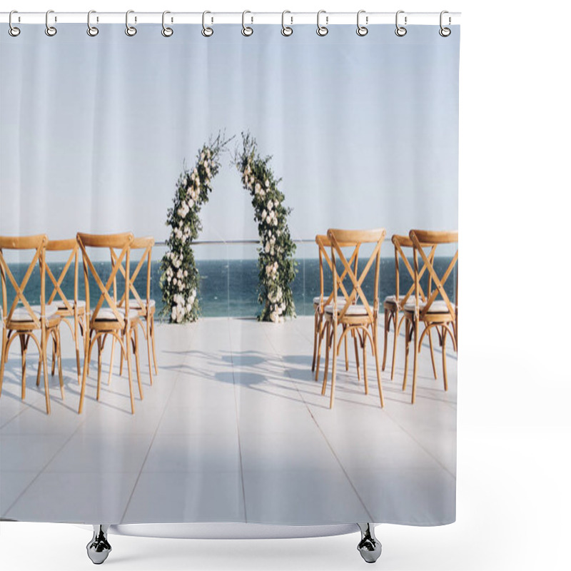 Personality  Arch Decorated With Lively Floristics On The Background Of The Sea. Shower Curtains