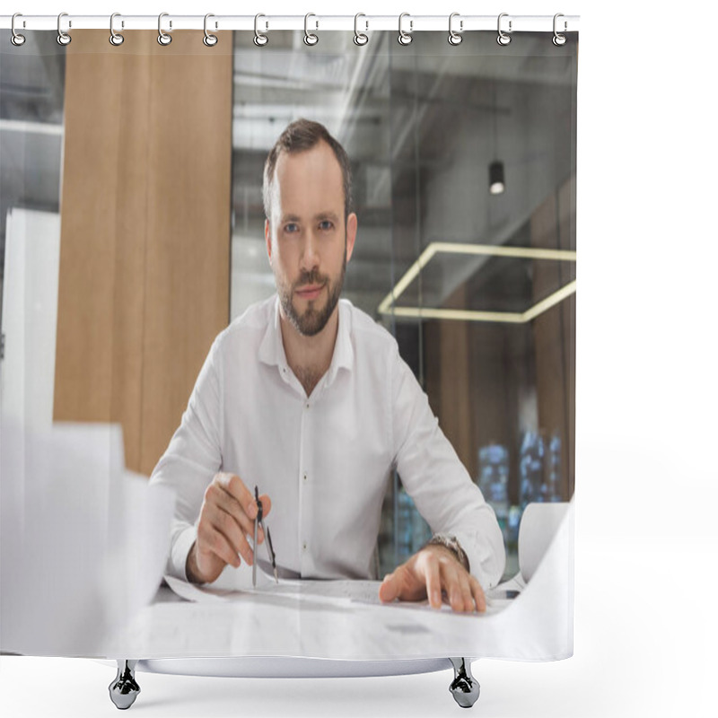 Personality  Handsome Successful Architect With Compass Working On Building Plans At Office Shower Curtains