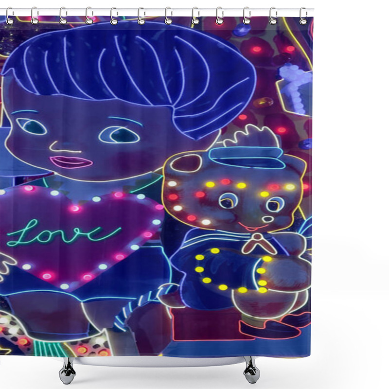 Personality  A Charming Neon Composition With A Child Holding A Glowing Heart Inscribed With LOVE And A Sweet Teddy Bear. Perfect For Celebrations Gifts Marketing Visuals Or Holiday-themed Decorations. Shower Curtains