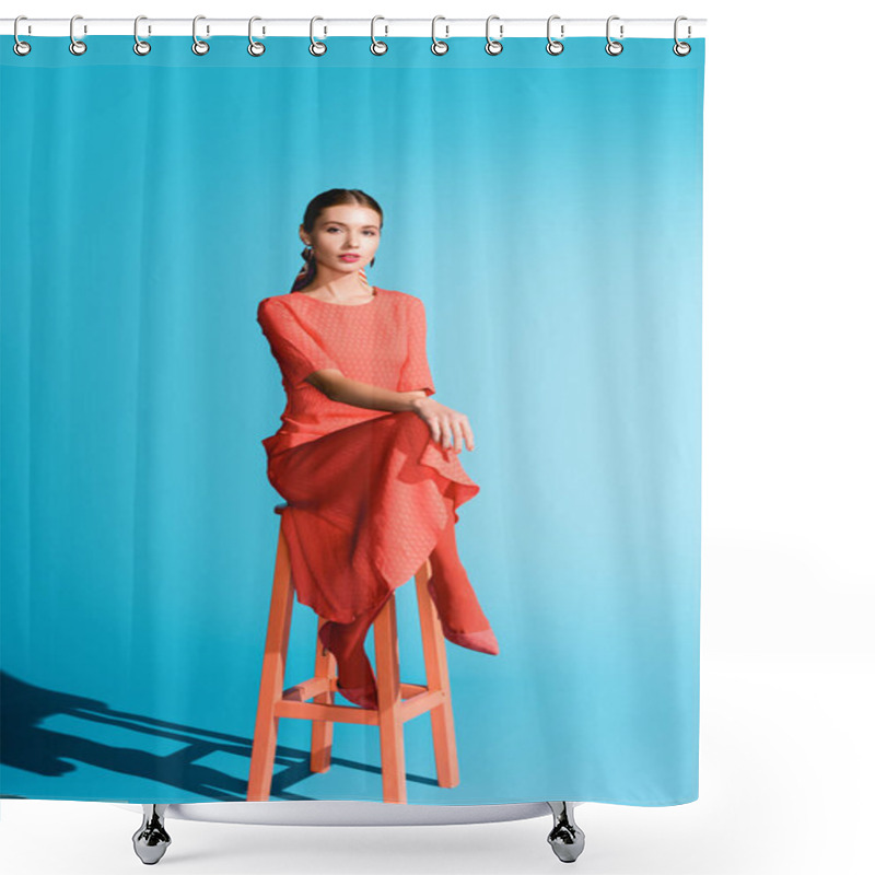 Personality  Stylish Girl In Trendy Living Coral Dress Posing On Stool On Blue Shower Curtains