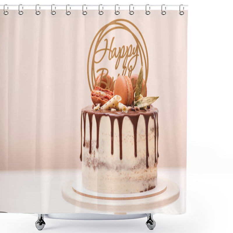 Personality  Birthday Cake Decorated With Golden Macaroons And Chocolate Pieces. Elegant Naked Cake Topped By Chocolate.  Shower Curtains