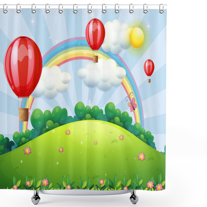 Personality  Floating Balloons At The Hilltop With A Rainbow Shower Curtains