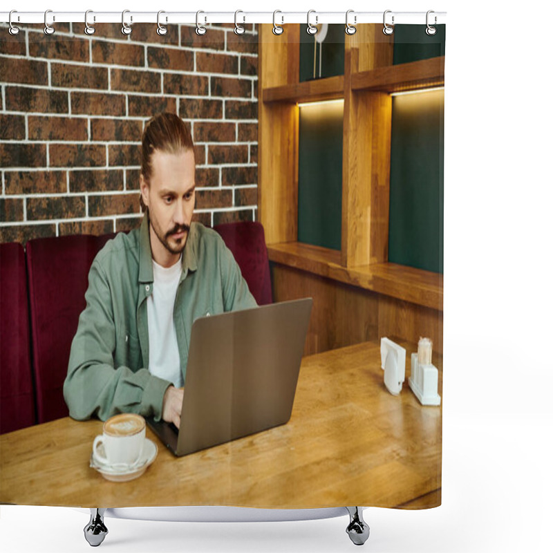 Personality  A Man Working On A Laptop Computer At A Table In A Modern Cafe. Shower Curtains