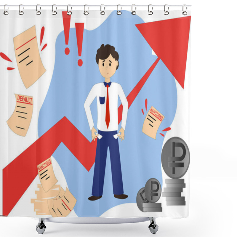 Personality  Cartoon Man With Empty Pockets Standing Near Documents With Sanctions Lettering And Ruble Coins Shower Curtains