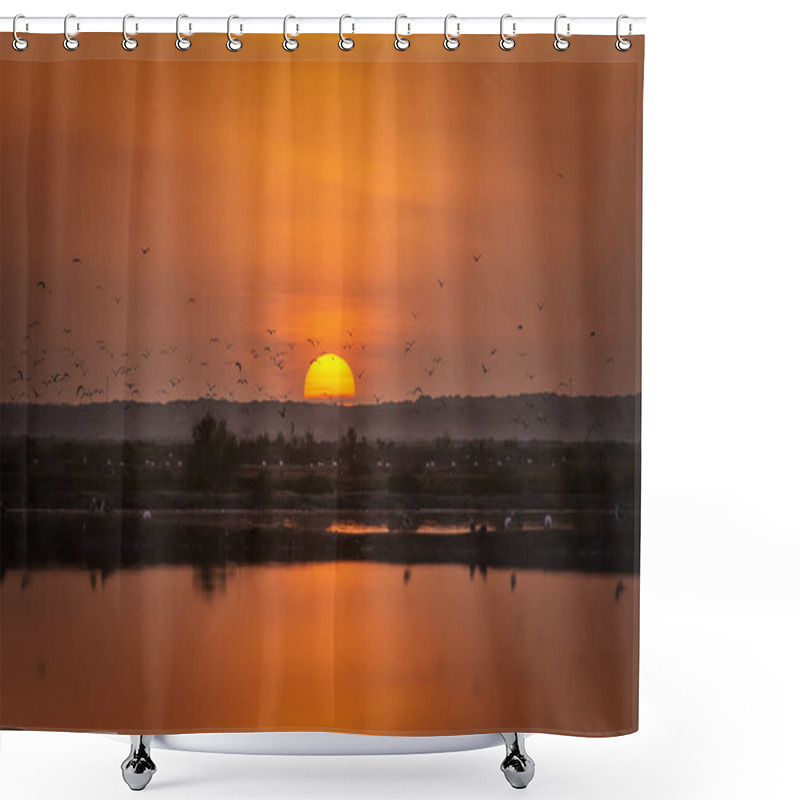 Personality  Sunset In A Marsh With Birds Flying Shower Curtains