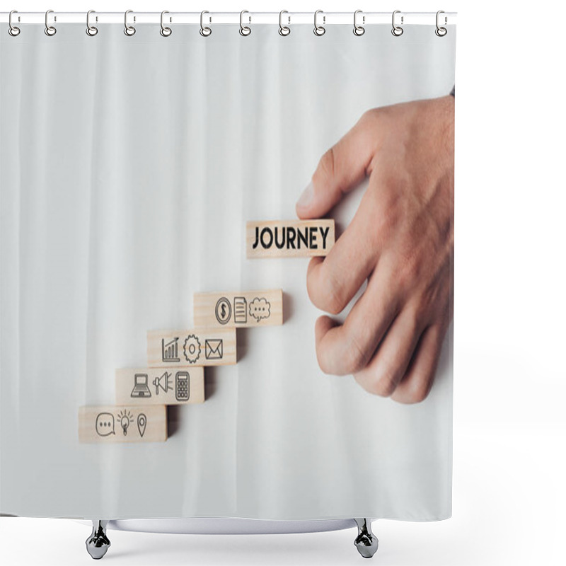 Personality  Cropped View Of Man Holding Wooden Block With Word 'journey' On Top Of Wooden Bricks With Icons Isolated On White Shower Curtains