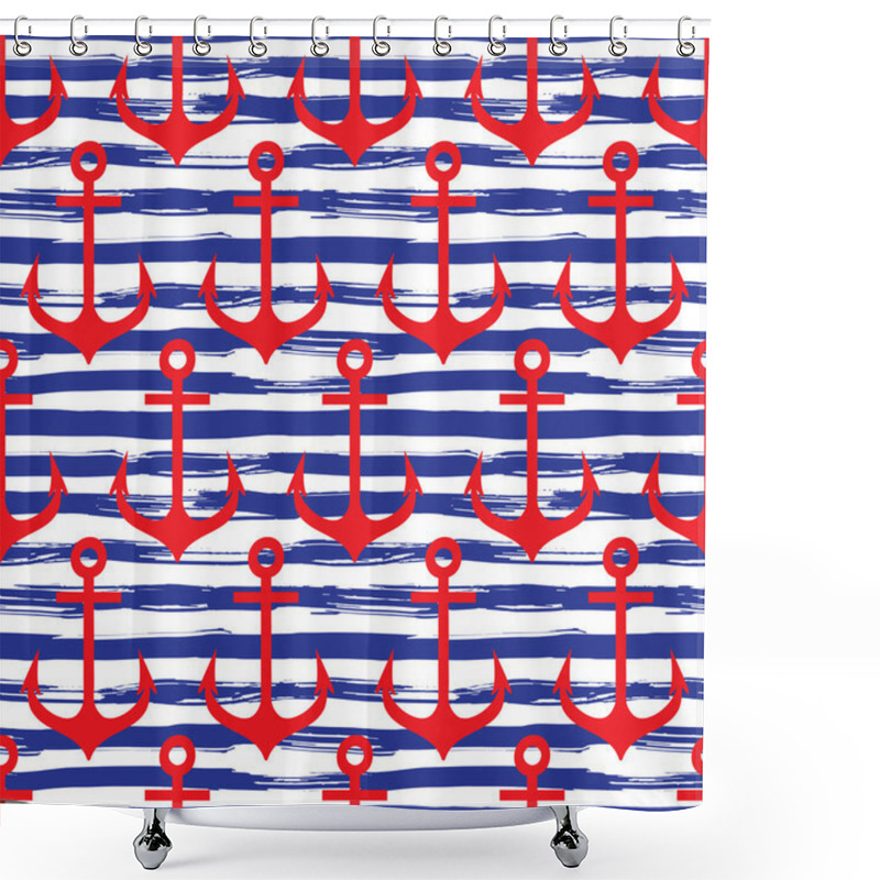 Personality  Hand Drawn Seamless Pattern. Anchors On Striped Background Shower Curtains