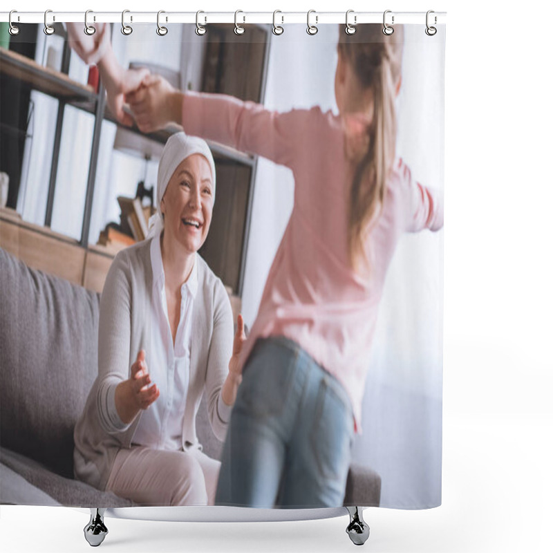 Personality  Happy Sick Grandmother In Kerchief Looking At Cute Little Granddaughter Shower Curtains