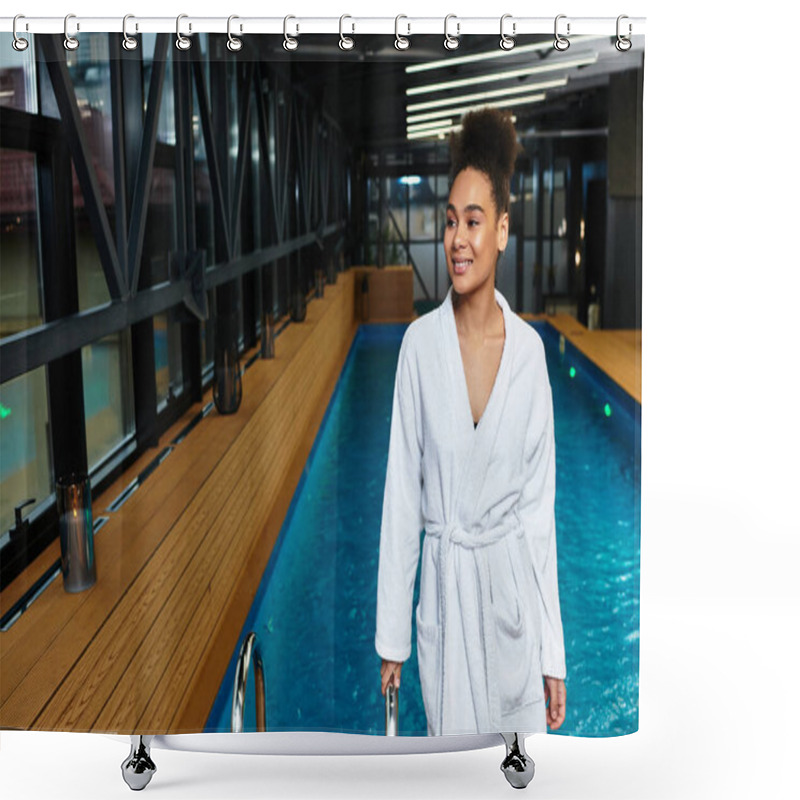 Personality  A Young Chic Woman Strolls By A Tranquil Indoor Spa Pool, Embracing Relaxation. Shower Curtains