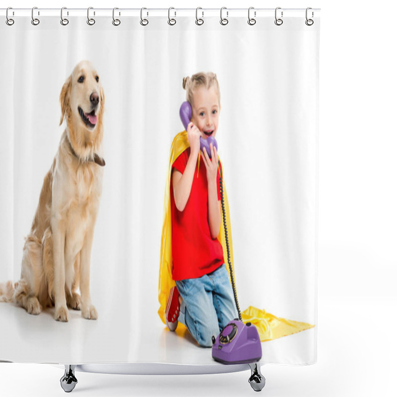 Personality  Beige Dog With Smiling Little Supergirl Talking On Phone And Wearing Yellow Cape Isolated On White Shower Curtains