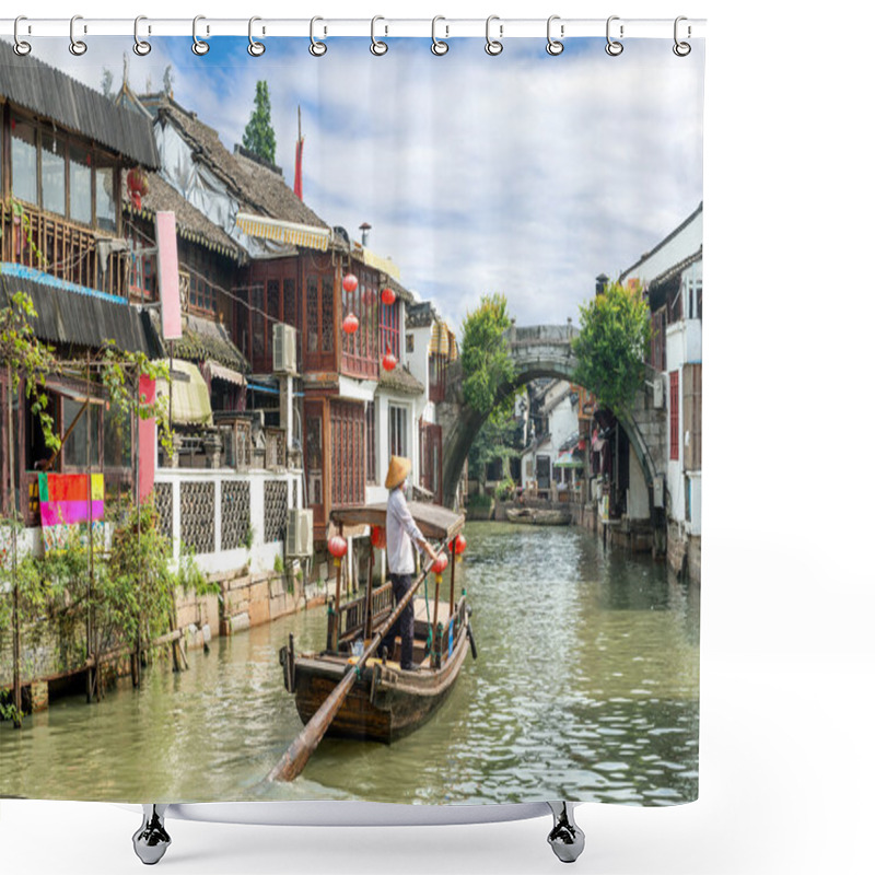 Personality  China Traditional Tourist Boats On Canals Of Shanghai Zhujiajiao Shower Curtains