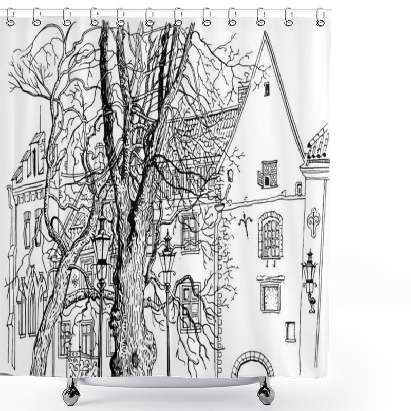 Personality  Tallinn Old Town View. Olevimagi Street. Hand Drawn Graphic Style Ink Pen Illustration. Historical Architecture, Medieval Houses, Trees. Baltic States Landmark. Postcard, Coloring Page. Shower Curtains