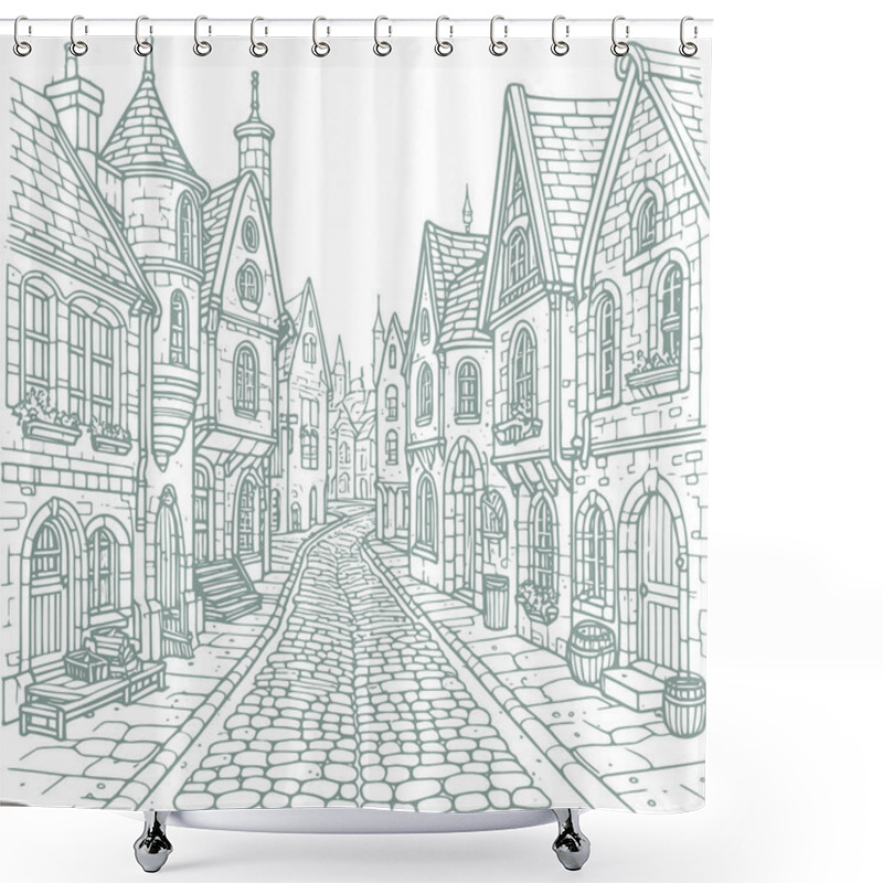 Personality  Medieval Cobblestone Street With Detailed Architectural Line Art Shower Curtains