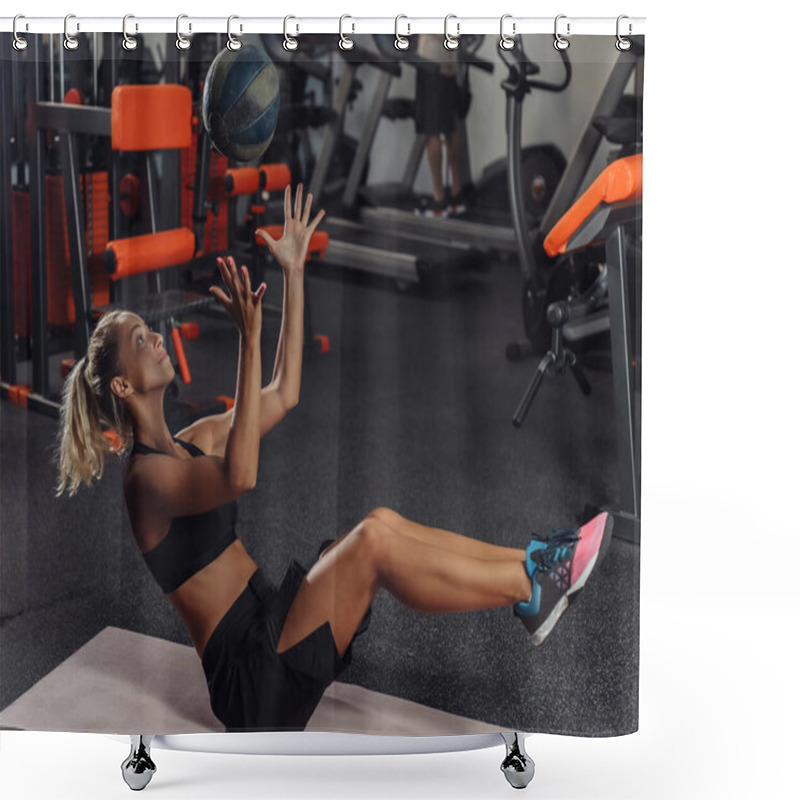 Personality  Young Attractive Sport Woman In Sportswear Training With Medicine Ball In The Gym. Functional Training Concept Shower Curtains