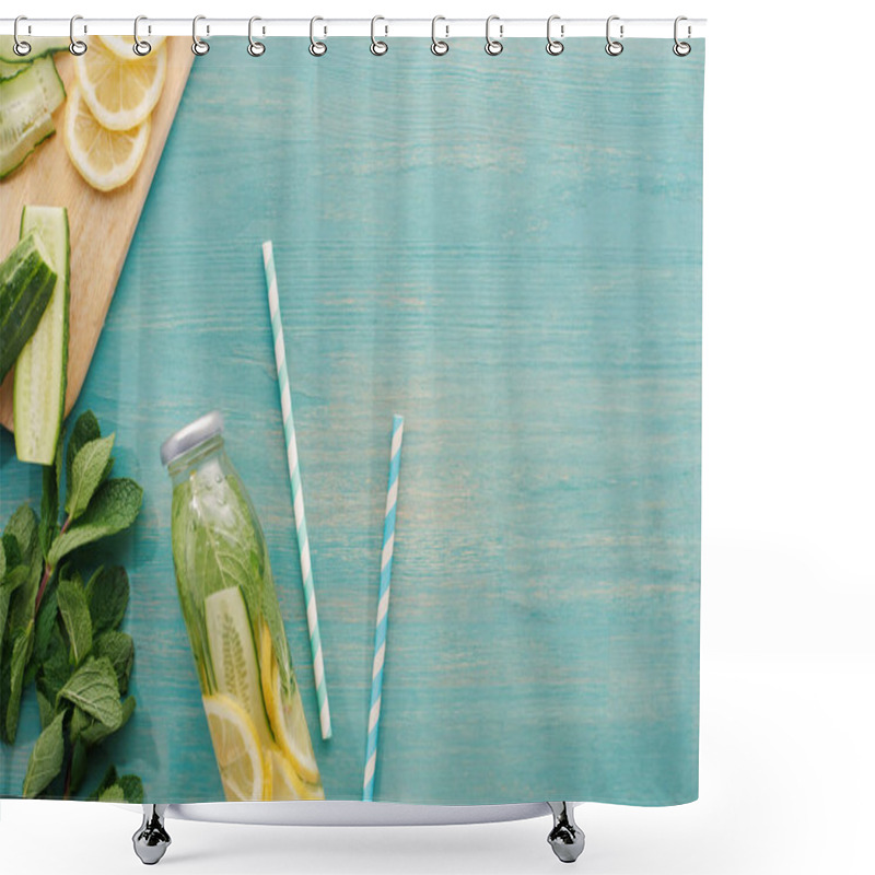 Personality  Top View Of Detox Drink In Bottle Near Lemon And Cucumber Slices, Mint And Straws Shower Curtains