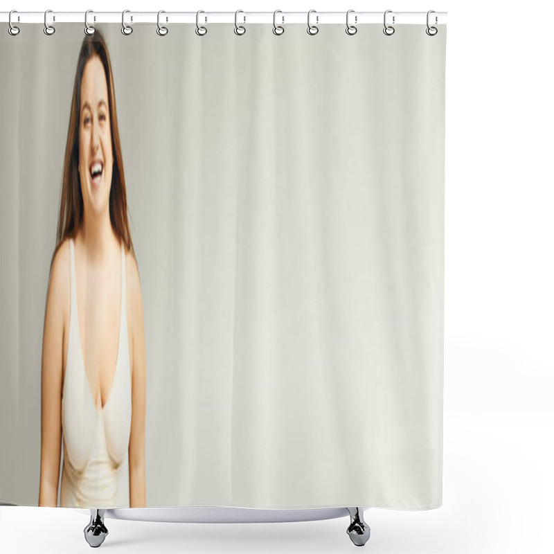 Personality  Portrait Of Happy And Curvy Woman With Plus Size Body Posing In Beige Bodysuit While Laughing On Grey Background, Body Positive, Figure Type, Looking At Camera While Standing In Studio, Banner  Shower Curtains