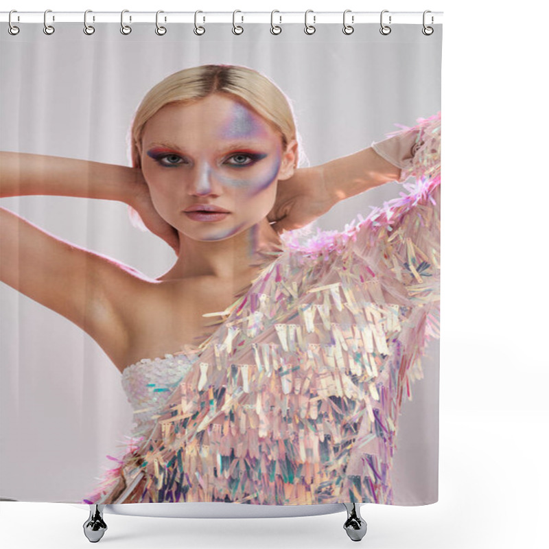 Personality  A Stylish Young Woman Showcases Her Unique Holographic Fashion Look. Shower Curtains