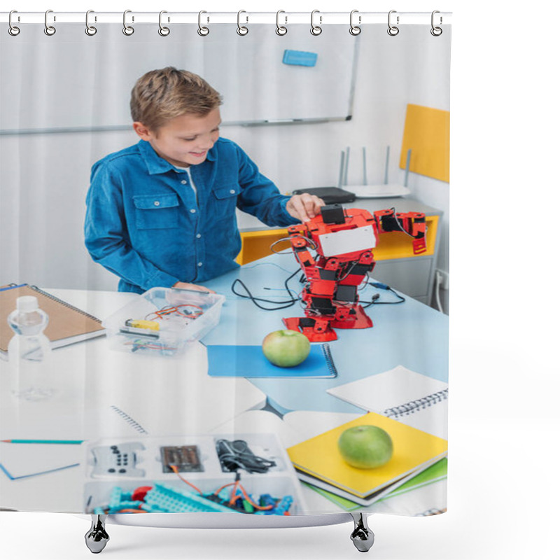 Personality  Happy Schoolboy Working On Handmade Robot Model During STEM Lesson   Shower Curtains