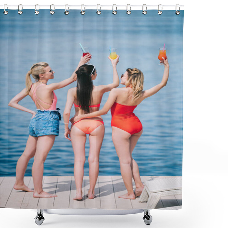 Personality  Back View Of Three Young Women In Swimwear Holding Glasses With Summer Cocktails On Beach Shower Curtains