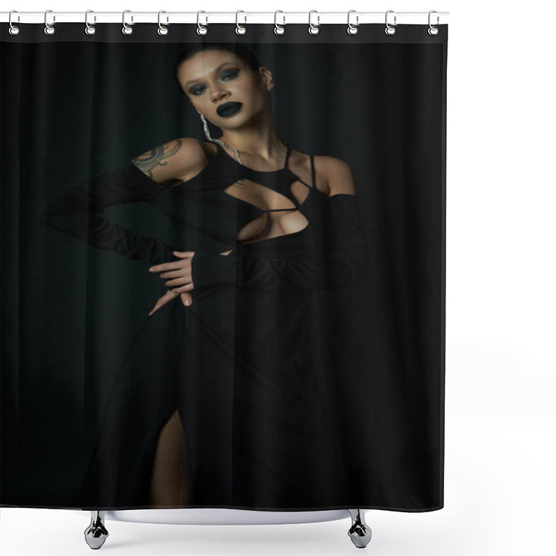 Personality  Tattooed Woman In Dark Makeup And Sexy Halloween Dress Looking At Camera In Dark Studio, Black Magic Shower Curtains