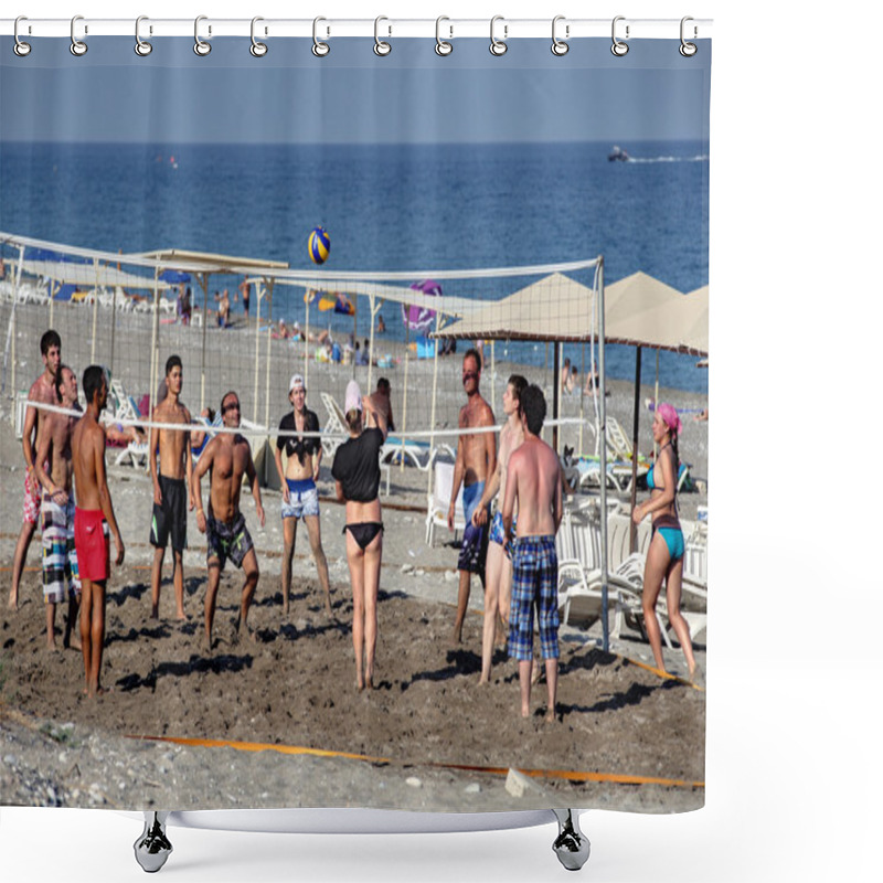 Personality  Group Of Tourists Playing Beach Volleyball. Shower Curtains