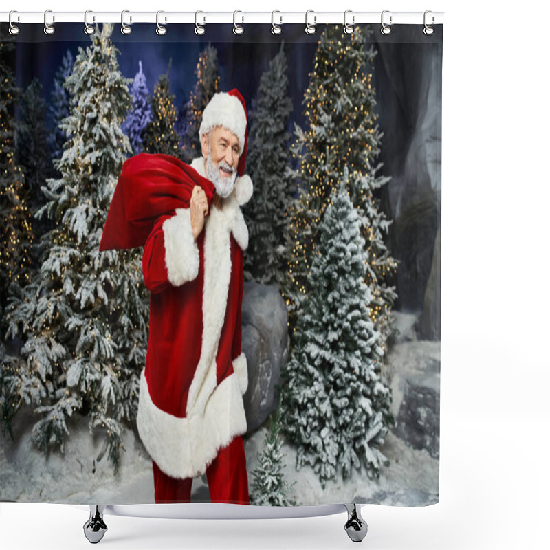 Personality  A Cheerful Figure Dressed As Santa Walks In A Winter Wonderland Surrounded By Snow Covered Trees. Shower Curtains