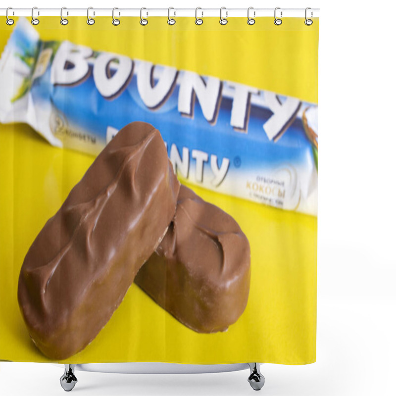 Personality  BELARUS, NOVOPOLOTSK - 12 APRIL, 2021: Bounty Bar On Yellow Background Close Up Shower Curtains