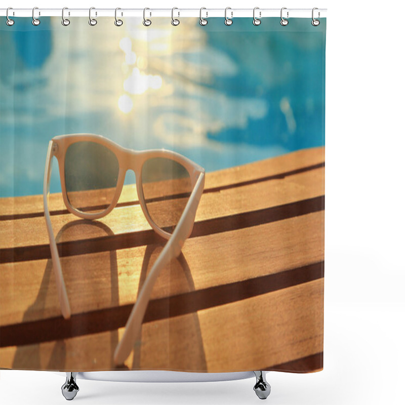 Personality  Sunglasses On Wooden Planks And Water On Sunset Shower Curtains