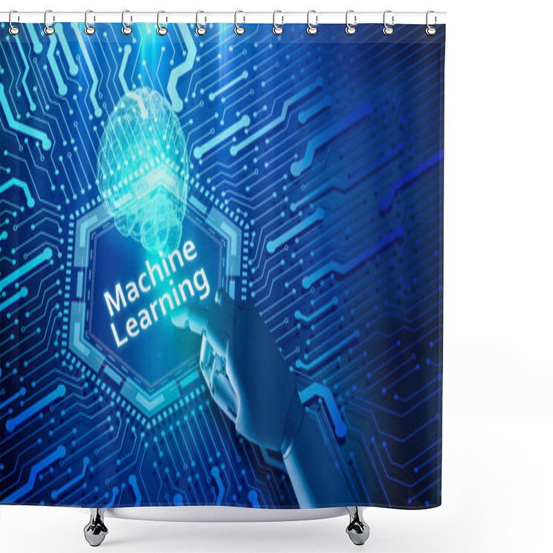 Personality  Robot Hand Pointing To Machine Learning Words, Blue Tone Illustration, Artificial Intelligence Concept. Shower Curtains