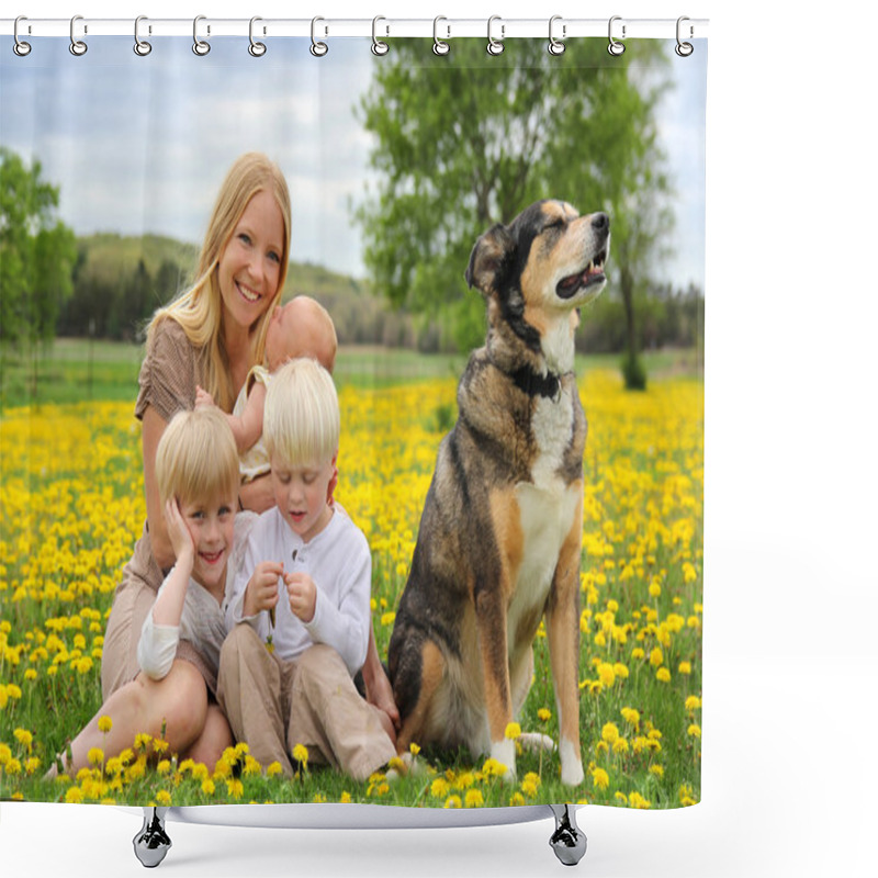 Personality  Mother And Three Children And Dog Playing In Flower Meadow Shower Curtains