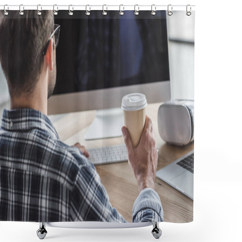 Personality  Cropped Shot Of Man In Eyeglasses Holding Coffee To Go And Using Desktop Computer Shower Curtains