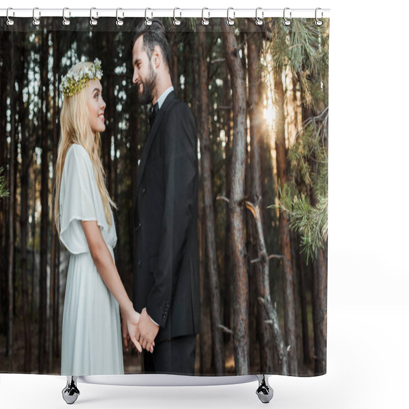 Personality  Side View Of Happy Wedding Couple Holding Hands And Looking At Each Other During Sunset In Forest Shower Curtains