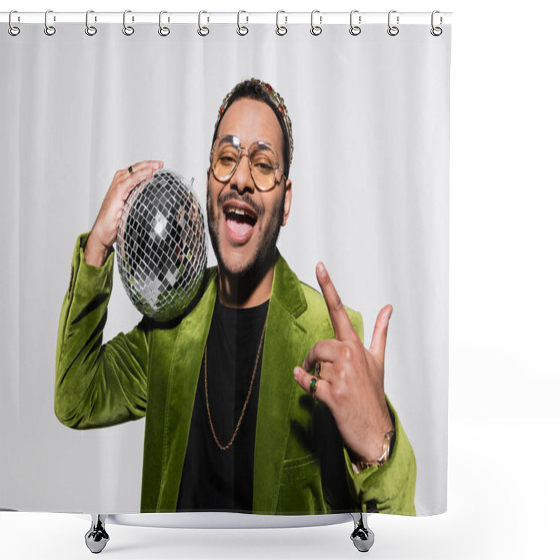 Personality  Excited Indian Hip Hop Performer In Green Velvet Blazer And Crown Holding Disco Ball Isolated On Grey Shower Curtains