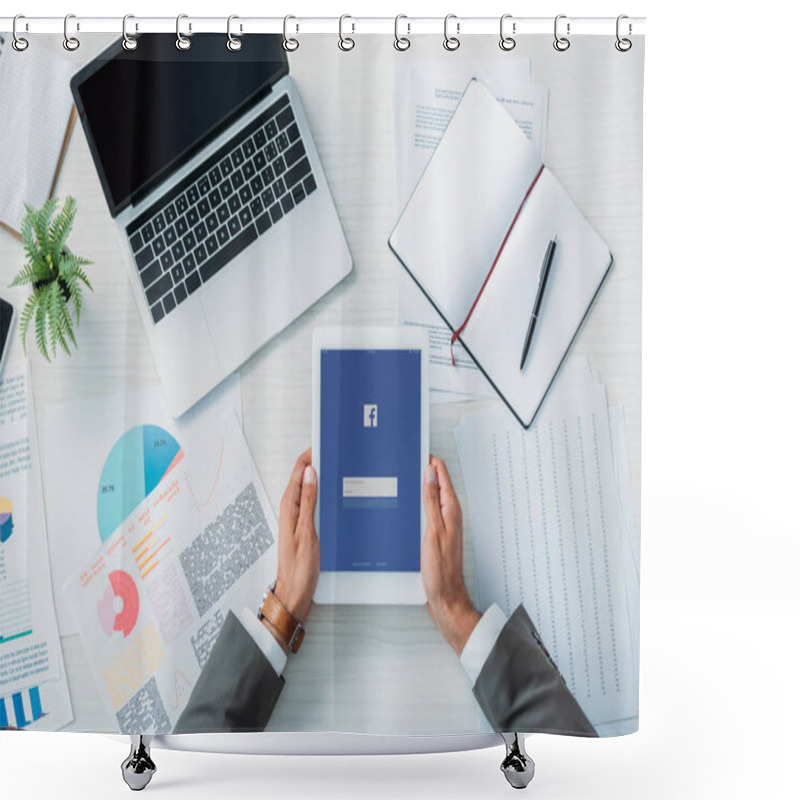 Personality  Top View Of Man Holding Digital Tablet With Facebook Website Shower Curtains