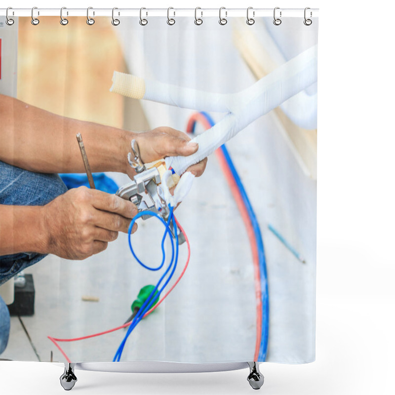 Personality  Man Install  New Air Conditioner. Shower Curtains