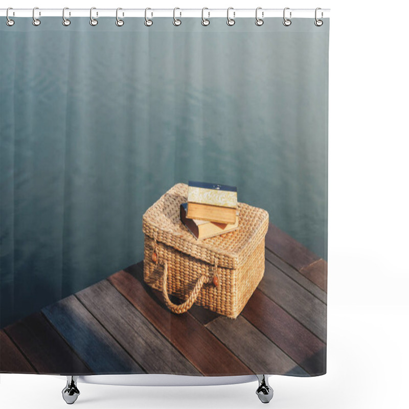 Personality  Life Unpluged Concept. Reading Book By The River. Holidays Leisure And Relaxing Lifestyle. Vintage Props On Wooden Patio Deck Shower Curtains